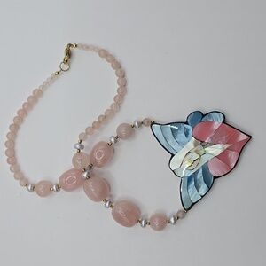 Lee Sands Mosaic Mother of Pearl Angel Butterfly Statement Necklace